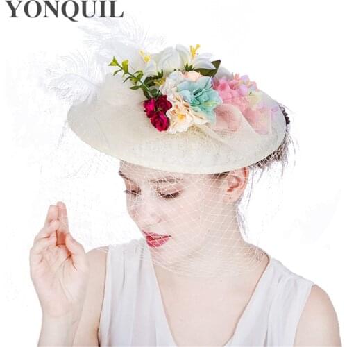 Fashion Ivory Wedding Hats And Fascinators For Bride 30CM Big Cute Style Floral Dot Veil Bowler Hat Women Banquet Party Headwear