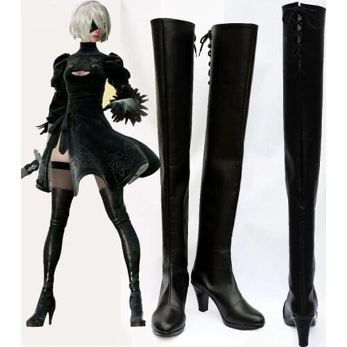 NieR:Automata 2B YoRHa NO.2 Type B Cosplay Shoes Handmade Long Black Boots Customize PU Leather European Size