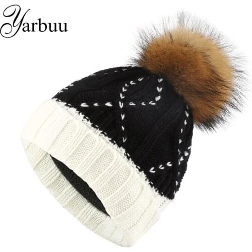 [YARBUU] mink fur ball cap knitted beanies winter hat for women girl 's hat brand new fashion casual thick female cap