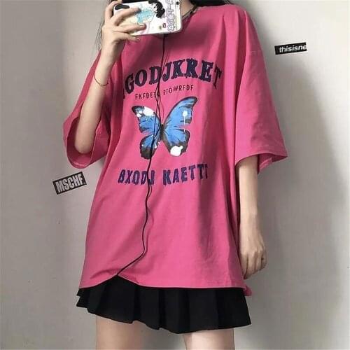Butterfly Print Women T Shirt For Girl Fashion Women Red Oversize T-Shirt Funny Cotton Japan Harajuku Tops Summer Gothic T Shirt