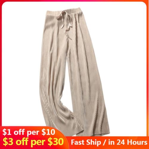 2021 Women Pants Summer Spring Fashion Tide Black Casual Loose Elastic Waist High Pleated Wide Leg Women Chiffon Loose Pants #D