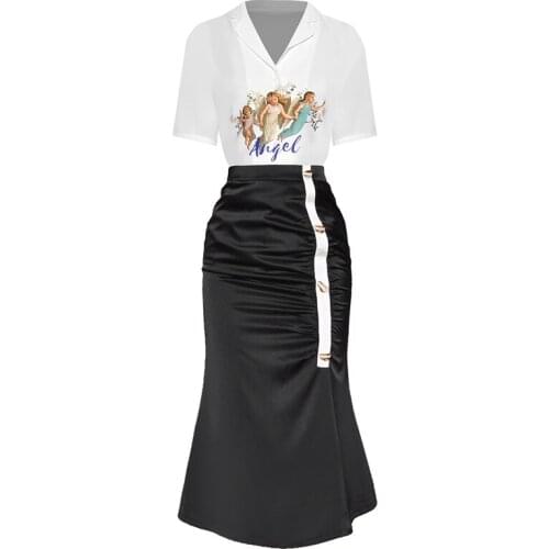 Newest HIGH QUALITY 2021 Designer Runway Suit Set Womens short Sleeve cartoon Print Blouse Shirt Button Drape Mermaid Skirt Set