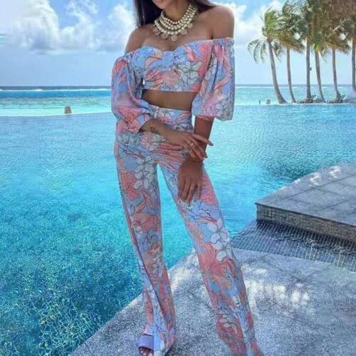 1 Set Crop Top Pants Set Floral Print Off Shoulder Women Half Sleeve Blouse Straight Leg Trousers Streetwear