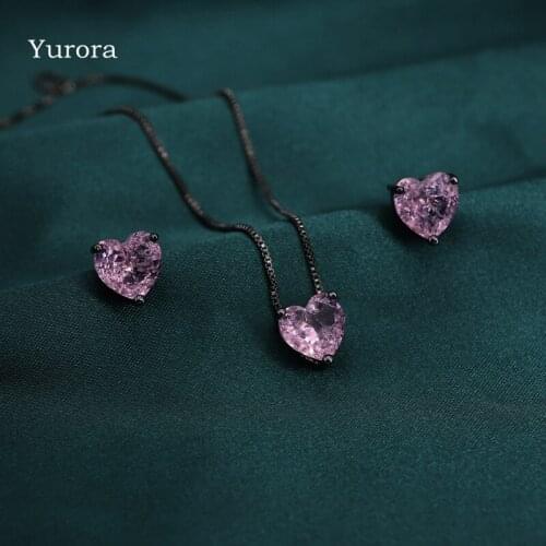 Yurora Fashion Crystal Small Heart Jewelry Sets Pink Pendant Necklace cute Earrings Set CZ wedding Statement Jewlery For Women