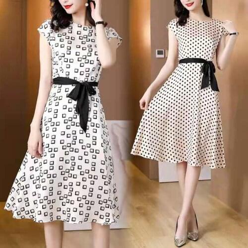 Women Summer A-Line Dress Fashion Printing Office Dot Chiffon Sashes Dresses For Female Casual Short Sleeve Midi Vestidos Mujer