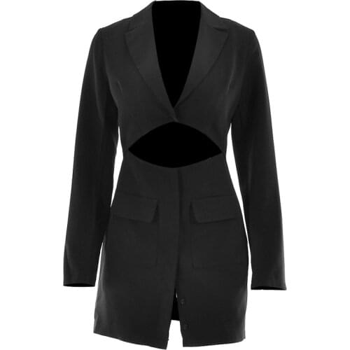 Uclio Fashion Long Sleeve Blazer Dress Women Sexy Notched Collar Hollow Out Buttons Jacket Office Ladies Outfits