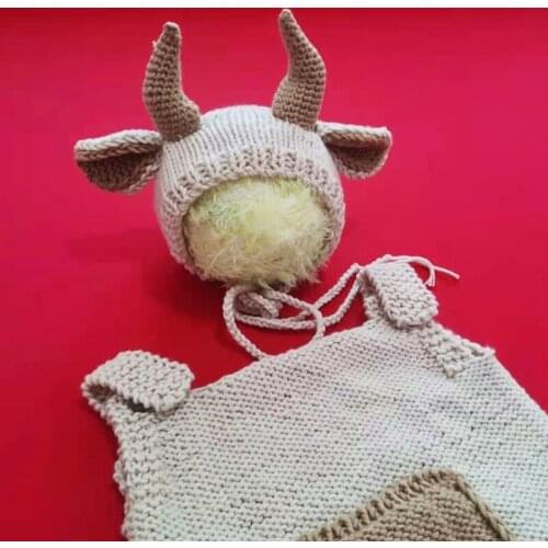 2 Pcs Baby Knitted Cow Ears Hat Romper Set Newborn Photography Props Jumpsuit Kit Infants Photo Shooting Clothing