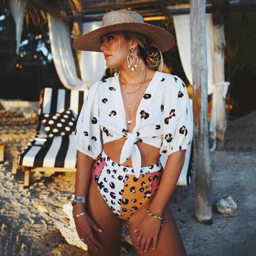 2021 Sexy Colorful Leopard Bikinis Women High Waist Swimsuit Short Sleeve Swimwear Bathing Suit Beachwear Biquini Female