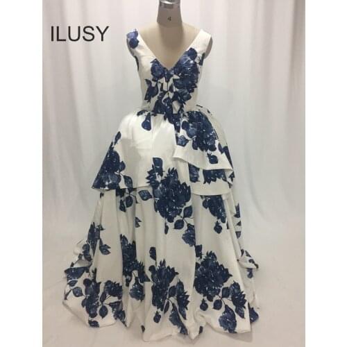 ILUSY floral print Evening Dresses V-neck Evening Dresses sleeveless pleated Prom Gowns robe de soire