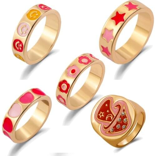 Cute Pink Heart Smile Face Flower Star Finger Rings for Egirl Igirl Korean Fashion Mushroom Ring for Women Girl y2k Jewelry Gift