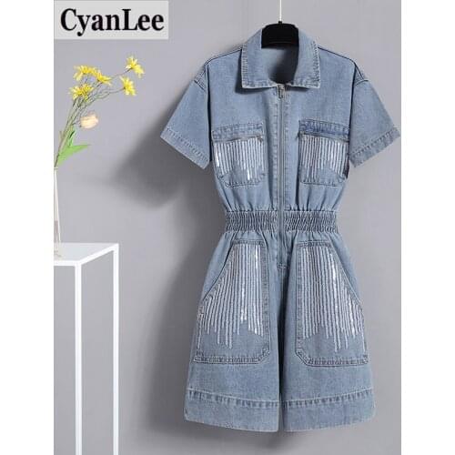 Cyanlee Summer Plus Size Denim Playsuit Woman Zipper Short Jumpsuit Rompers Casual Slim Denim Playsuits Overalls 4XL