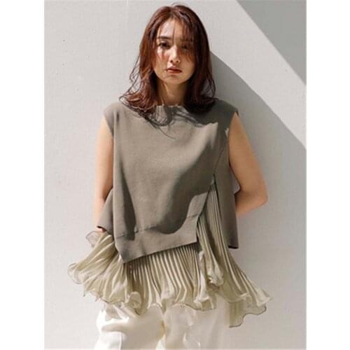 New Japanese new products in spring and summer 2021 pure color lotus leaf pleated sleeveless T-shirt