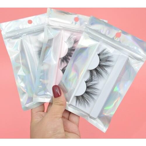 Wholesale Gift Packaging Eyelashe Package In Bulk Holographic Laser Zip Lock Bag Necklace Storage Custom Brand Logo Sticker