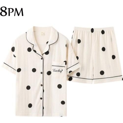 Women Cotton Pijamas Notch Collar Short Sleeve Sleepwear Print Pattern Sleepwear Two Piece Set Soft Outdoor Homewear ouc1081