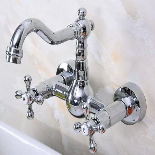 Polished Chrome Brass Wall Mounted Double Cross Handles Bathroom Kitchen Sink Faucet Mixer Tap Swivel Spout anf968
