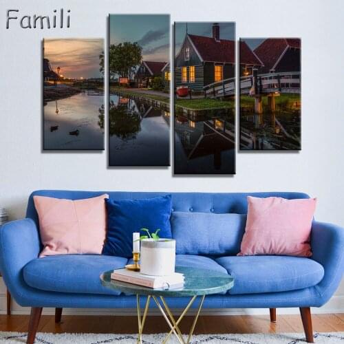 Home Decor Frame Modern HD Printed Canvas Painting 4 Pieces Black White Wall Art Pictures Netherlands City Streetscape Poster