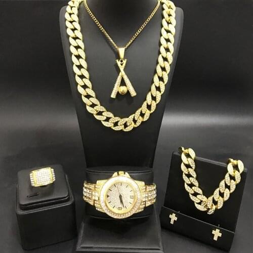 Luxury Men Gold Color Watch & Neckalce & Braclete & Ring & Earrings Combo Watch Set In Crystal Ice Out Cuban Necklace Chain