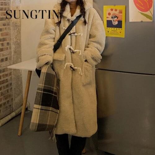 Sungtin Korean Horn Buckle Lamb Wool Hooded Teddy Coats Women Vintage Thicken Overcoat Female Winter Warm Oversized Loose Parka