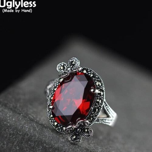 Uglyless Pretty Red Gems Garnet Rings for Women Vintage Thai Silver Butterfly Open Rings Real 925 Silver Lovely Insects Jewelry