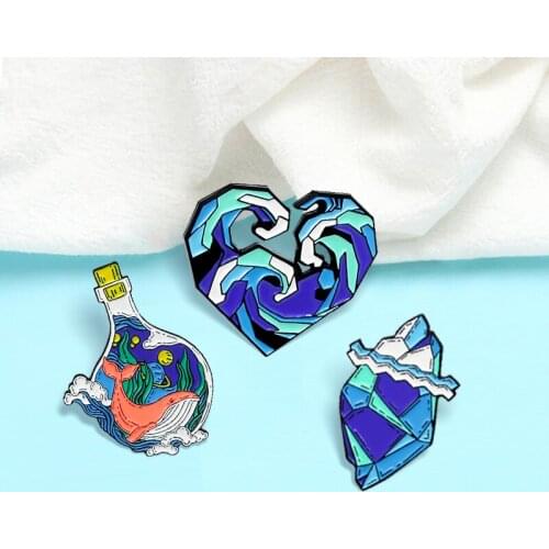 Ocean Sea Wave Heart Enamel Pin Organ Heart Sea whale Creative Blue Wave Brooches Badge Jewelry Gift Wholesale