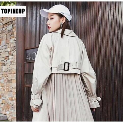 Japan korean style Long Sleeves spring pleated coats women"s Long sleeve Medium-long windbreaker overcoats abrigo mujer