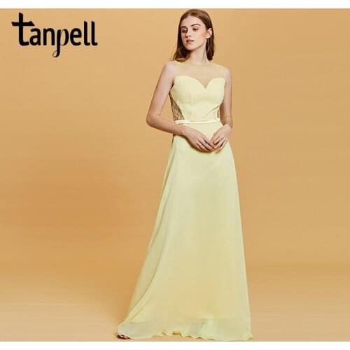 Tanpell a line long prom dress daffodil scoop neck floor length lace gown women sleeveless party evening formal prom dresses