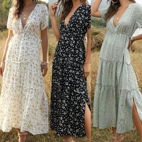 50% Hot Sales Bohemian Women Dress Short Sleeve Ruffle Deep V Neck Floral Print Maxi Dress for Party