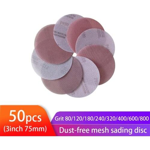 50pcs 3inch Mesh Abrasive Paper Dust Free Sanding Discs Anti-blocking Dry Grinding Sandpaper 80 to1000 Grit Velcro Sanding Sheet