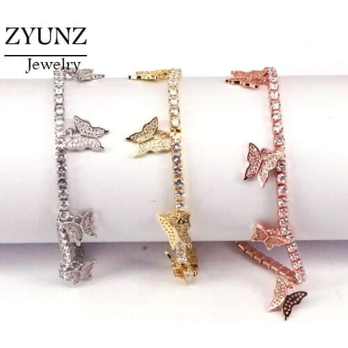 3PCS, Trendy New Crystal Tennis Chain Bracelet For Women Gold Rose Silver Color Metal Butterfly Pendant Bracelet Party Gift
