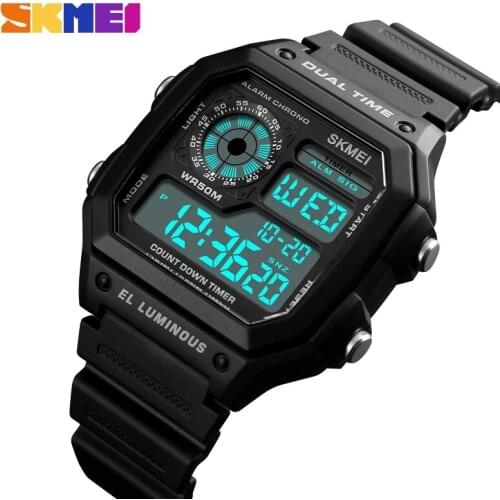 SKMEI Hot Sale Waterproof Alarm Clock And Chronograph Electronic Watch Red Green Silicone Strap Durable Luminous watch 1299