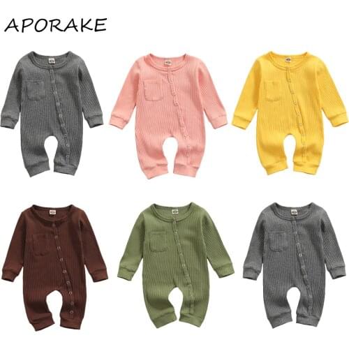 2021 0-24M Infant Baby Solid Color Casual Romper Boys Girls Spring Fall Off-center Button Long Sleeve Round Neck Ribbed Jumpsuit