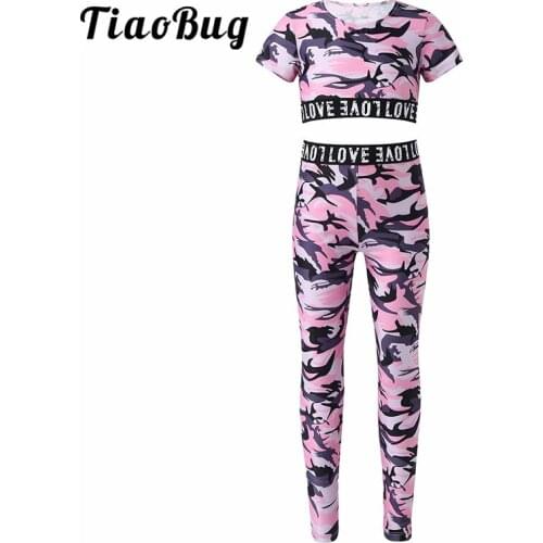 TiaoBug Kids Tracksuit Camouflage Print Short Sleeve Crop Top Leggings Pants Sport Suits Sets Girls Ballet Gymnastics Dance Wear
