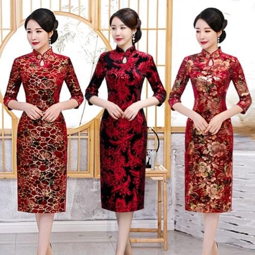 FZSLCYIYI Gold Velvet Evening Party Dress Chinese Style Women Velour Qipao Improved Half Sleeve Print Cheongsam Oversize 5XL