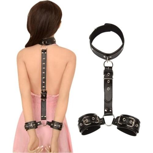 Leather Halter Neck Handcuffs BDSM Bondage Restrictions Fetish Back Adult Sex Toys For Women Erotic Collar Wrist Cuffs Cosplay