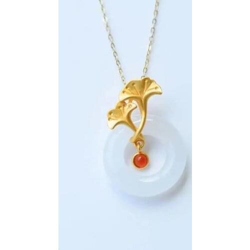 Ginkgo Leaf S925 Sterling Silver Gold Plated Natural Hetian Jade White Jade Pendant White Jade Peace Buckle Pendant Womens