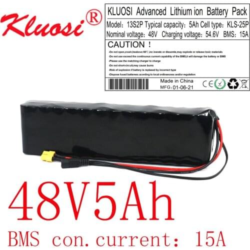 KLUOSI 48V 5Ah 13S2P 150W~500W 54.6V Lithium Battery Pack Built-in 15A BMS for Electric Bike Scooter Skateboard Bicycle Etc
