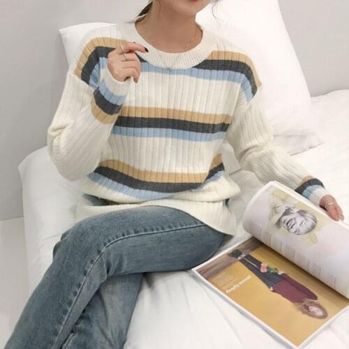 Trendy New Fad Spring Winter Women Sweater Knitting Loose Fashionable Korean Style Pullovers Striped Casual Tops SW1359