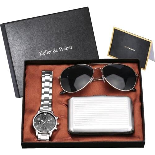 Keller & Weber Mens Gift Set Quartz Watches Credit Card Case Fashion Sunglasses with Box Thanksgiving Gifts for Father Brother