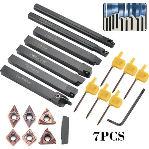 7 Set 10mm Shank Lathe Turning Tool Holder Boring Bar Wrenches with Carbide Inserts Kit for Machine Tool Turning Accessories