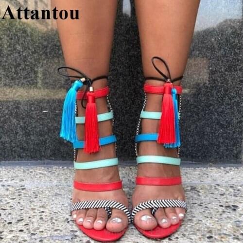 New Bright Patent Leather Mixed Color Lace Up Women Tassel Fringe Designer Summer High Heel Sandals