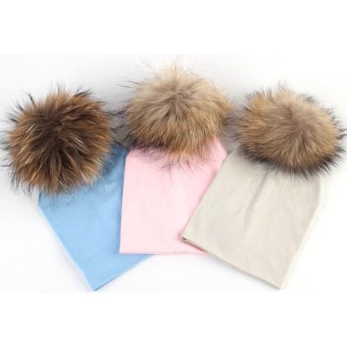 Autumn and Wintenewborn Kids Plain Hats Baby Girls and Boys Beanie Hat R Cotton Raccoon Pompom Skullies Beanies Baby Bonnet Caps