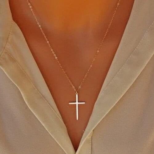 Cross Necklace Simple Necklaces Jesus Women Chain Ladies Pendant Girls Jewelry Yellow Gold Color Vintage European Metal Collares