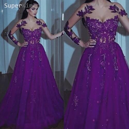 SuperKimJo Arabic Style Prom Dresses Long Purple Lace Applique Beaded Prom Gown Vestido Formatura Vestido De Festa