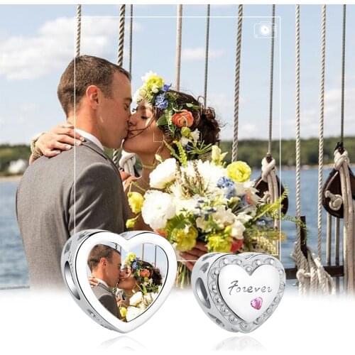 ELESHE Authentic 925 Sterling Silver Forever Love With CZ Bead Custom Photo Heart Charm Fit Original Women Bracelet DIY Jewelry