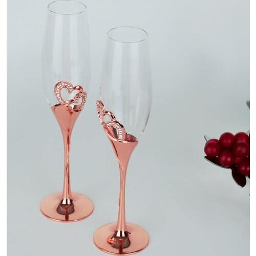 Rose gold champagne glass high-footed set glass wedding gift to the glass heart-shaped diamond crystal glass red wine glass