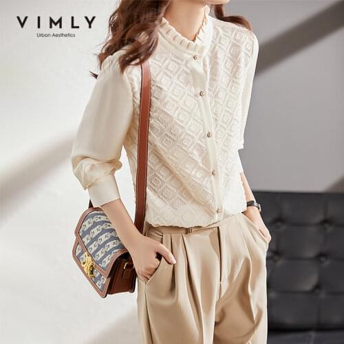 VIMLY Lace Shirt for Women Autumn 2021 Elegant Tops Stand Collar Long Sleeve Casual Shirts for Girls Blouse Female Clothes F8673