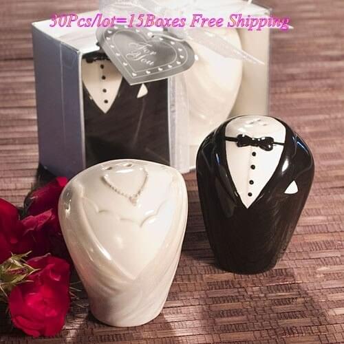 Cheapest Gift Bride and Groom Salt and Pepper Shakers For black and white Wedding favors and Party decorations 30pcs=15sets/lot