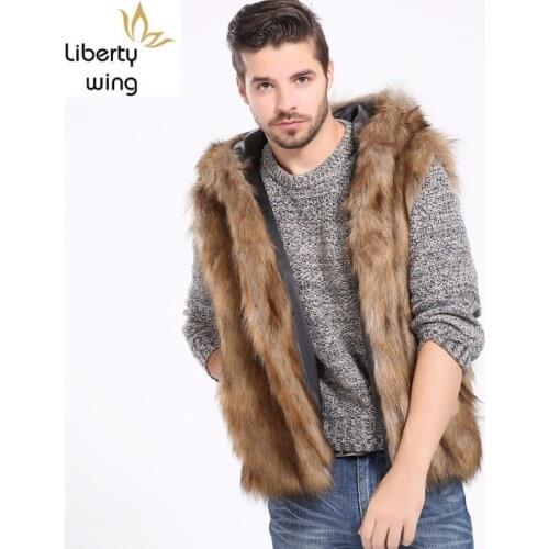 Europe America Faux Vest Casual Fashion Hooded Sleeveless Fur Coats Tops Autumn Winter Warm Slim Fit Jackets Men S-3XL