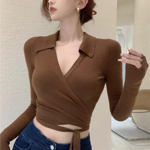 Sexy Y2k Solid Deep V-neck T-shirt Women Autumn Winter Polo Neck Slim Bandage Long Sleeve Bottoming Crop Tops Streetwear