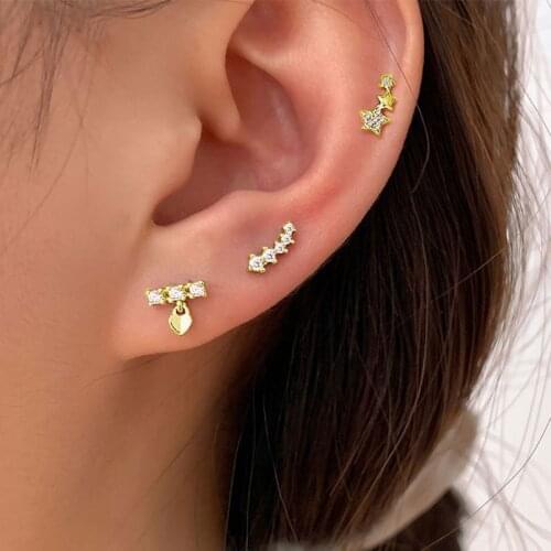 Morivovog 925 Sterling Silver Strip Zircon Heart Star Small Stud Earrings for Women Anti-allergy Earrings Girls Simple Jewelry